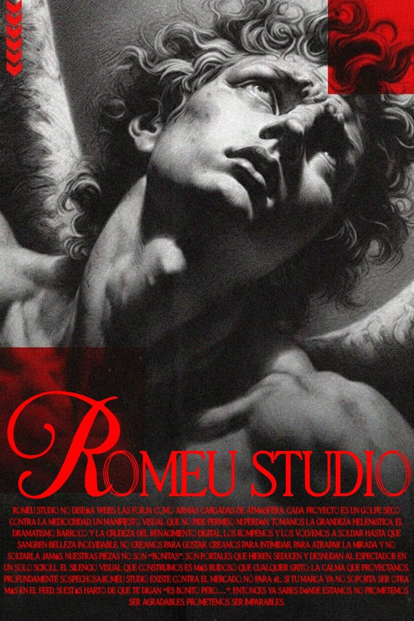 Póster de Romeu Studio: ángel barroco en blanco y negro con tipografía roja