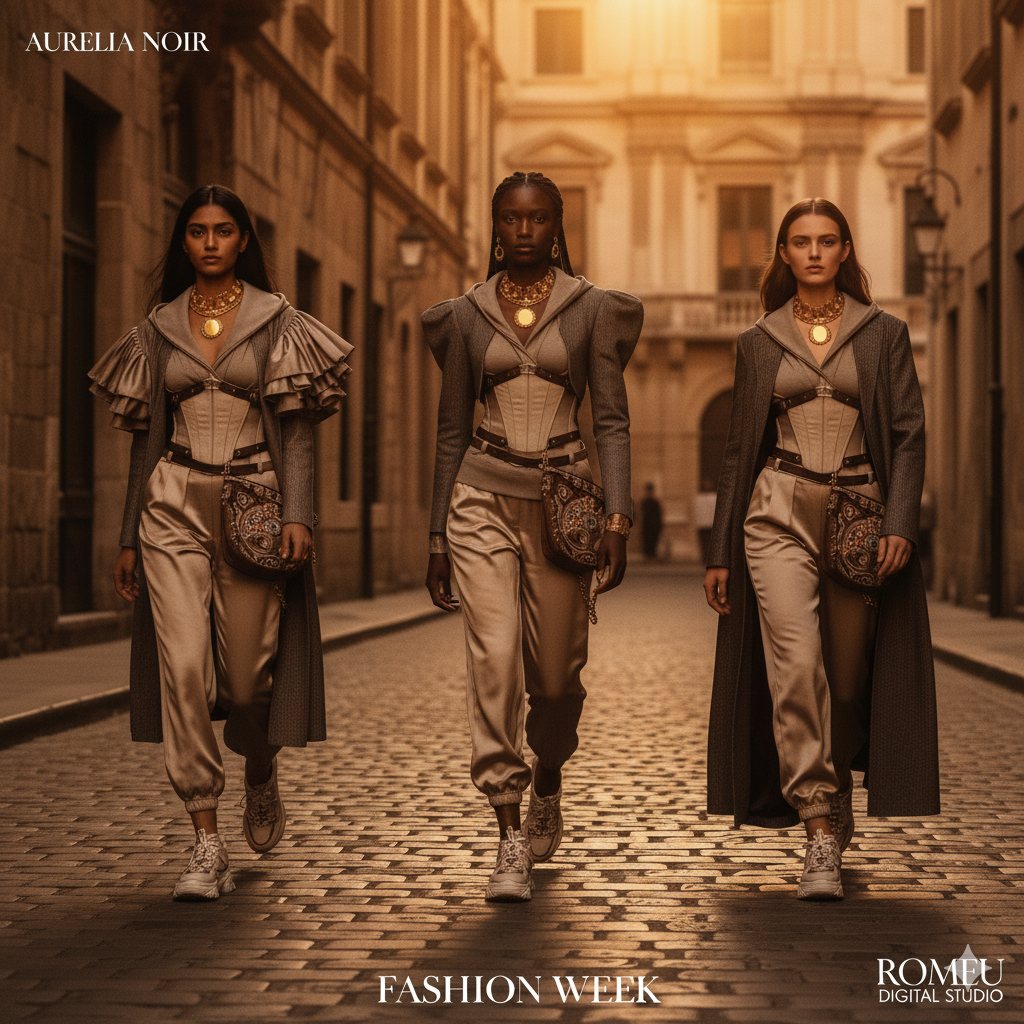 Aurelia Noir: tres modelos caminando por una calle empedrada al atardecer