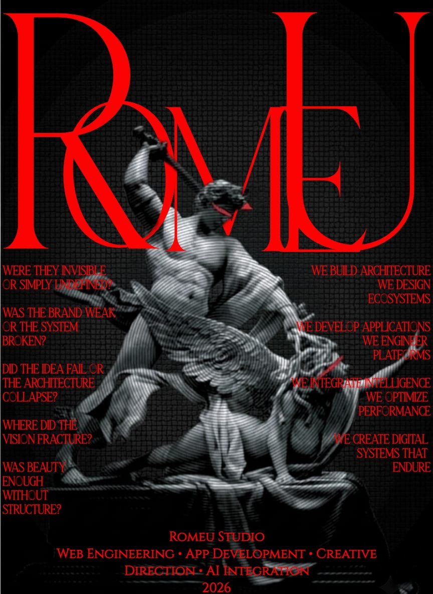 Póster ROMEU en rojo sobre escultura clásica: Web Engineering, App Development, Creative Direction, AI Integration